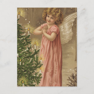 Tiny Pink Garbed Angle At Christmas Tree Holiday Postcard