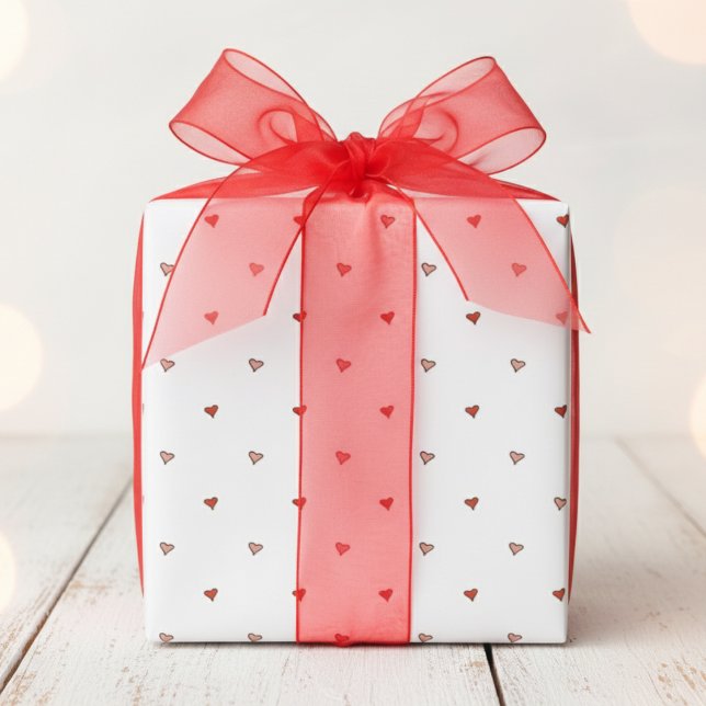Tiny Pink Red Hearts Minimal Valentine's Day Wrapping Paper (Elegant Girly Red Pink Tiny Hearts Wrapping Paper for Valentines. Cute Hearts Pattern on White. )