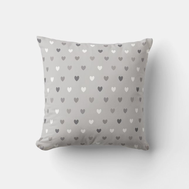 Tiny polka hearts in shades of grey throw pillow (Front)
