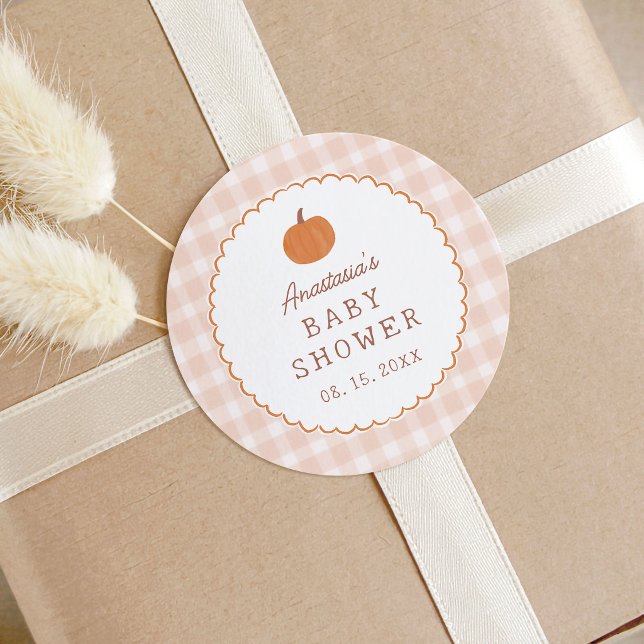 Tiny Pumpkin Fall Neutral Gingham Baby Shower Classic Round Sticker (cute little pumpkin baby shower stickers)