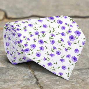 Tiny Purple Floral And Leaves On White Background Tie