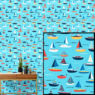 Tiny Sailing Boats in the Sea, Nautical Aqua Blue Wallpaper