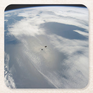Tiny Satellites Orbit Above A Part Of Earth. Square Paper Coaster