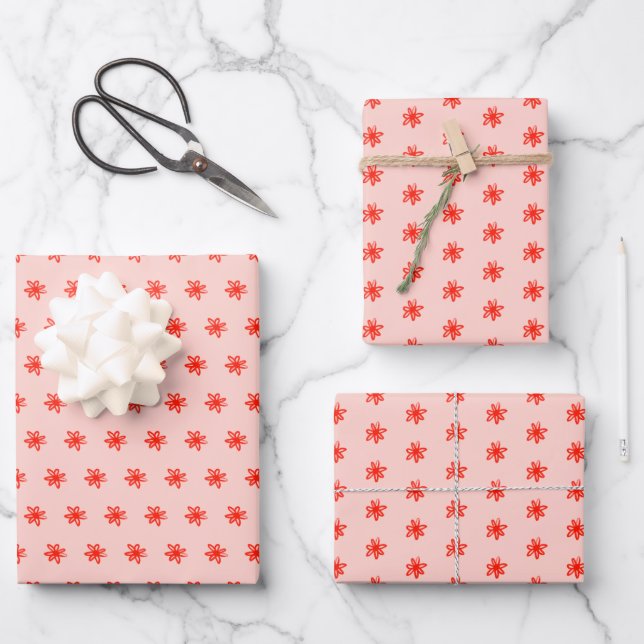 Tiny Scribbled Daisies Rustic Whimsical Red Pink Wrapping Paper Sheet (Front)