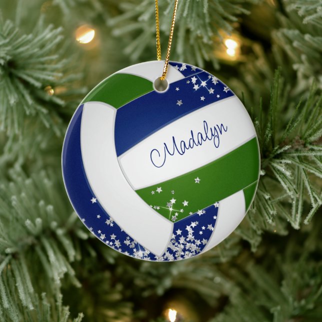 tiny silve stars blue green volleyball team colour ceramic ornament (Tree)