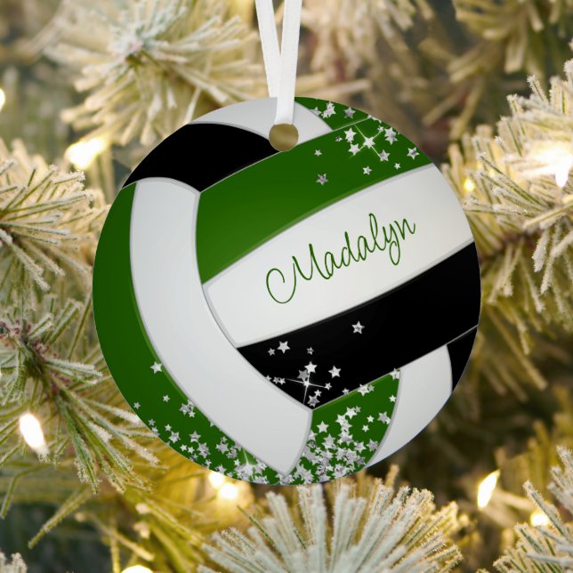 tiny silver stars accent green black volleyball metal ornament (Insitu)