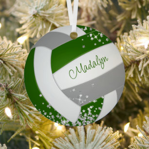 tiny silver stars accent green grey volleyball metal ornament