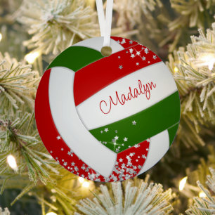 tiny silver stars red green keepsake volleyball metal ornament