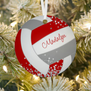 tiny silver stars red grey volleyball keepsake metal ornament