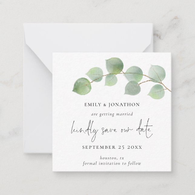 TINY SIZE | Modern Eucalyptus Script Save The Date Card (Front)