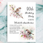 Tiny Sparrow Cherry Blossoms Spring 90th Birthday Invitation<br><div class="desc">90th birthday party invitation with paintings of a cute little sparrow sitting among blossoms in the branches of a cherry tree. Contact me for assistance with your customizations or to request additional matching or coordinating Zazzle products for your celebration.</div>