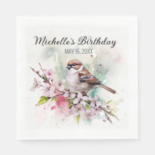 Tiny Sparrow Cherry Blossoms Spring Birthday Name Napkin