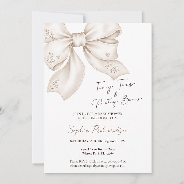 Tiny Toes Pretty Bows Neutral Baby Shower Invitation (Front)