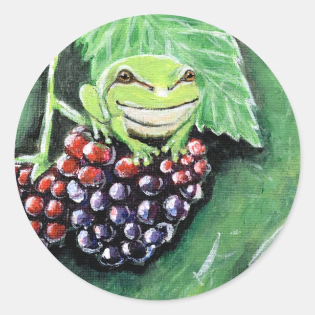 Tiny Tree Frog on a Blackberry Painting Classic Round Sticker (Front)
