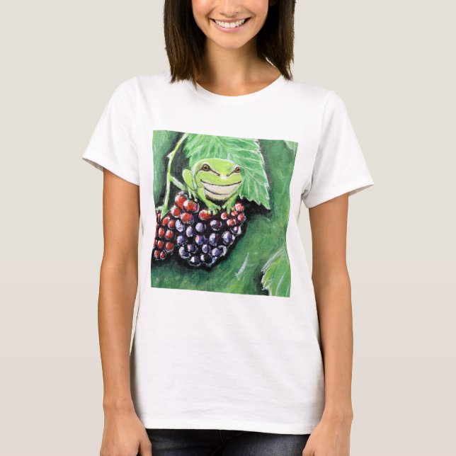 Tiny Tree Frog on a Blackberry Painting T-Shirt (Front)