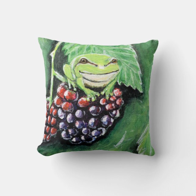 Tiny Tree Frog on a Blackberry Painting Throw Pillow (Front)