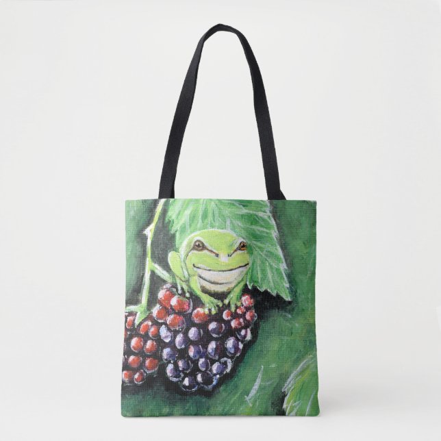 Tiny Tree Frog on a Blackberry Painting Tote Bag (Front)