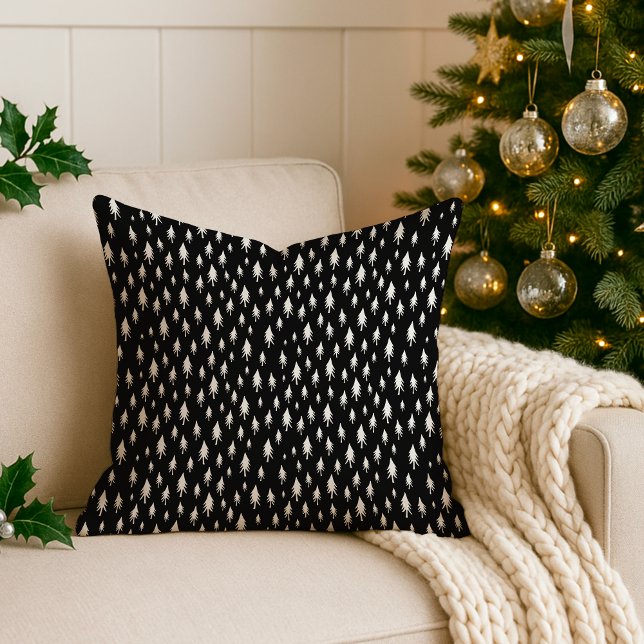 Tiny Trees | Modern Black and White Holiday Throw Pillow (Creator Uploaded)