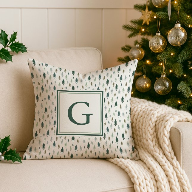 Tiny Trees Monogram Holiday Throw Pillow (Creator Uploaded)