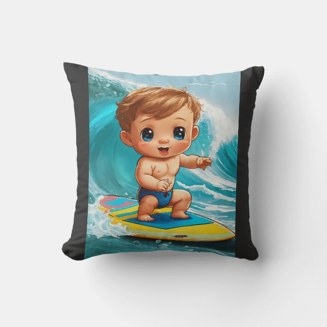Tiny Wave Rider – Baby Surfer Vibes Throw Pillow (Front)