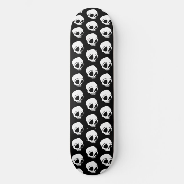 Tiny White Cartoon Skulls on black Skateboard (Front)