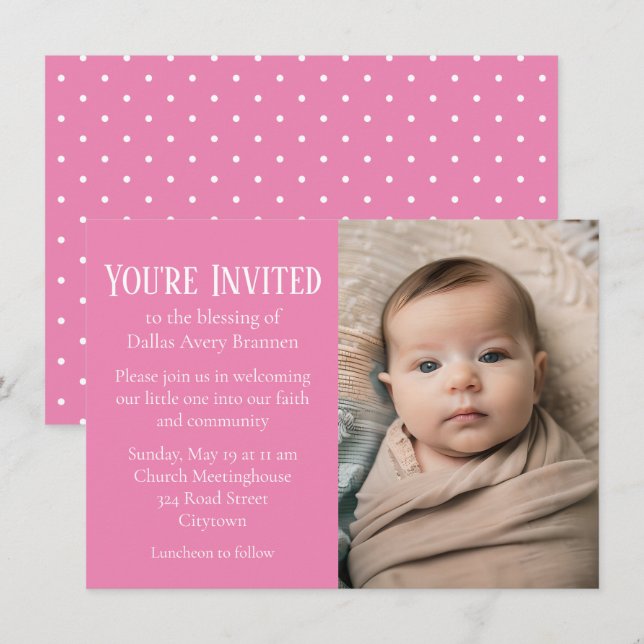 Tiny White Spots on Pink Photo Baby Blessing Invitation (Front/Back)