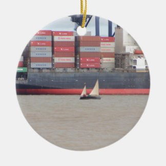 Tiny Yacht  And Huge Container Ship Ceramic Ornament