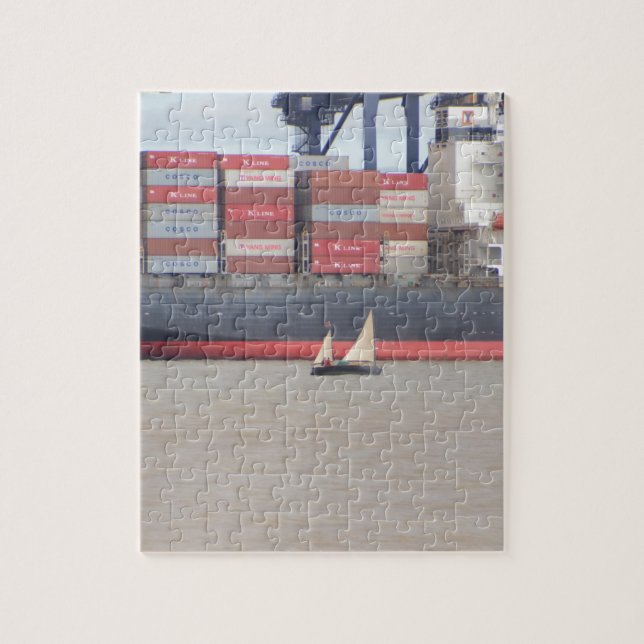 Tiny Yacht  And Huge Container Ship Jigsaw Puzzle (Vertical)