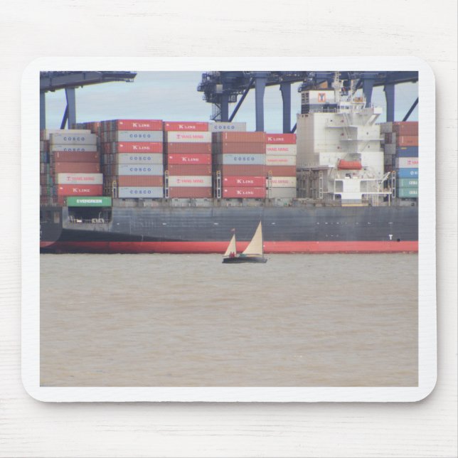 Tiny Yacht  And Huge Container Ship Mouse Pad (Front)