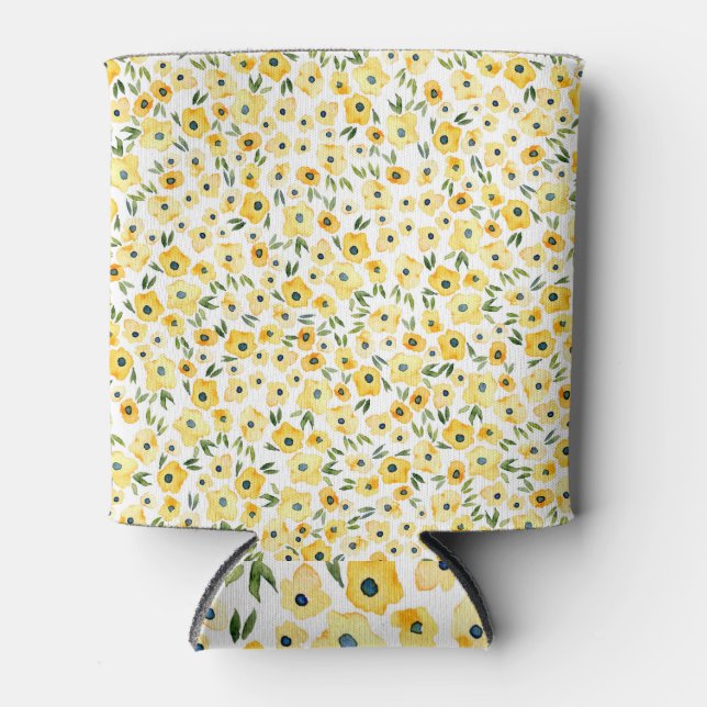 Tiny Yellow Flowers: Watercolor Seamless. Can Cooler (Front)