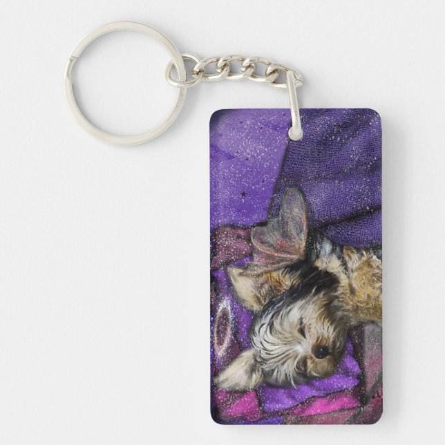 Tiny Yorkie Sleeping Angel Halo Memorial Art Keychain (Front)