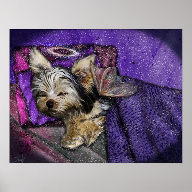 Tiny Yorkie Sleeping Angel Wings & Halo Poster (Front)