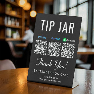 Tip Jar Venmo Paypal Cashapp QR Codes Black Pedestal Sign