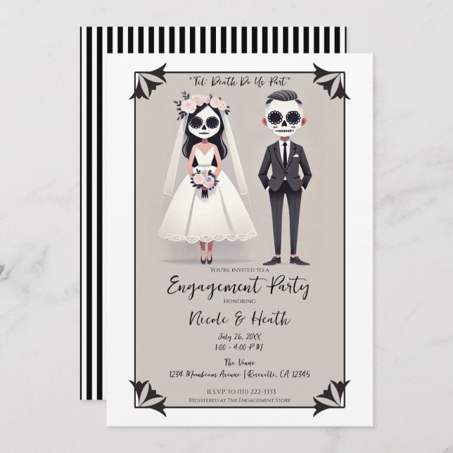 Tip Toe Sugar Skull Bride & Groom Engagement Party Invitation (Front/Back)