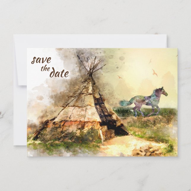 Tipi and Indian Pony Boho Horse Teepee Wedding Save The Date (Front)