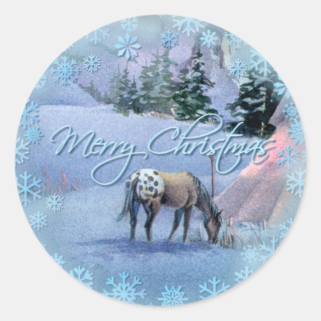 TIPI WINTER APPALOOSA & SNOWFLAKESby SHARON SHARPE Classic Round Sticker (Front)