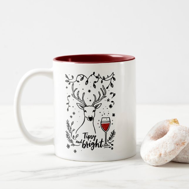 Tipsy and Bright Deer  Two-Tone Coffee Mug (With Donut)