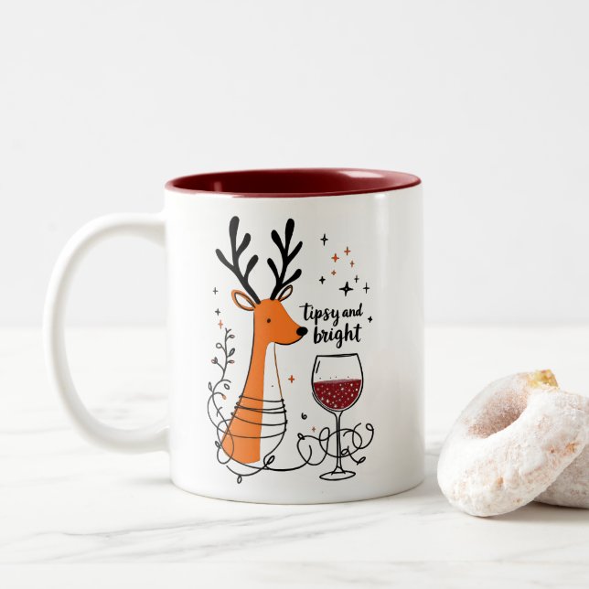 Tipsy and Bright Reindeer  Two-Tone Coffee Mug (With Donut)