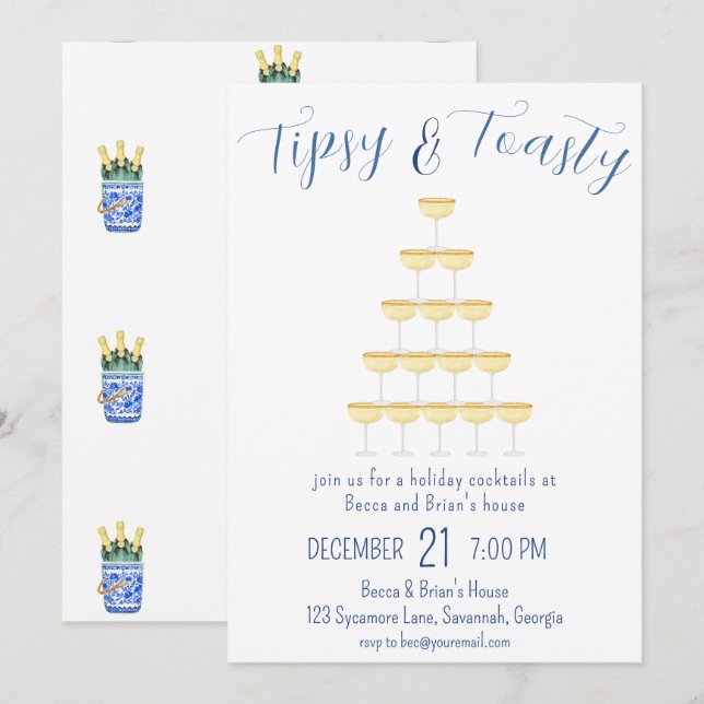 Tipsy & Toasty Christmas Party Bubbly Glass Invitation (Front/Back)