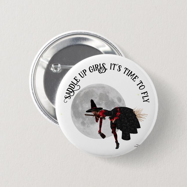 Tipsy Witch On Flying Broom Pin Button (Front & Back)