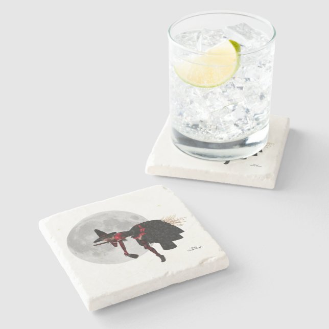 Tipsy Witch On Flying Broom Stone Coaster (Side)