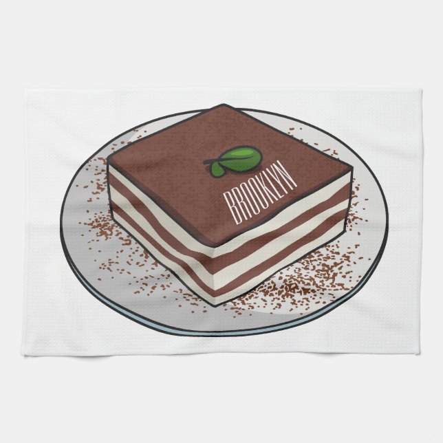 Tiramisu cake cartoon illustration kitchen towel (Horizontal)