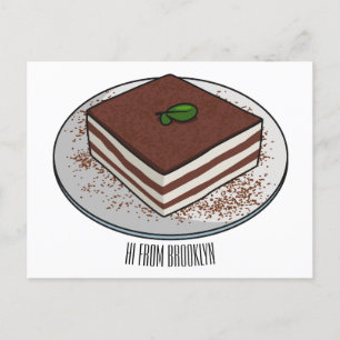 Tiramisu cake cartoon illustration postcard