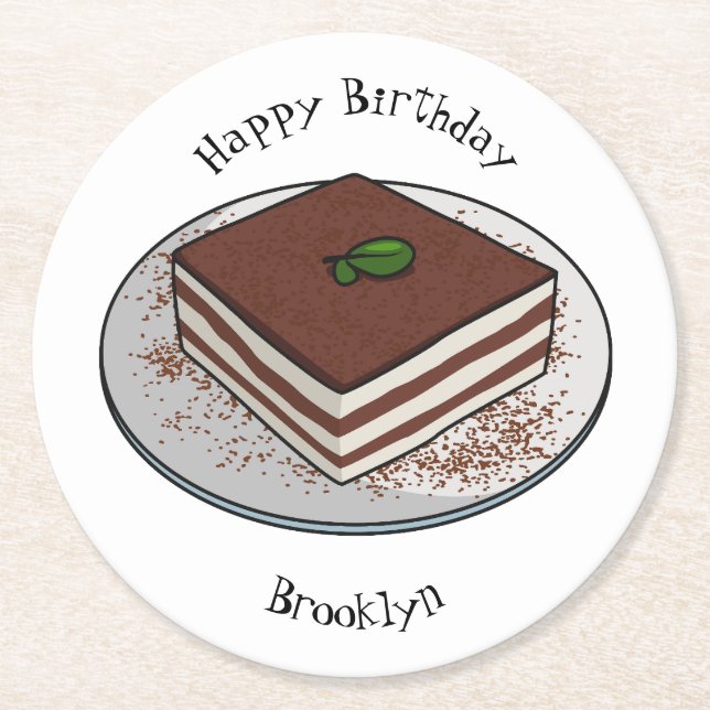 Tiramisu cake cartoon illustration  round paper coaster (Front)