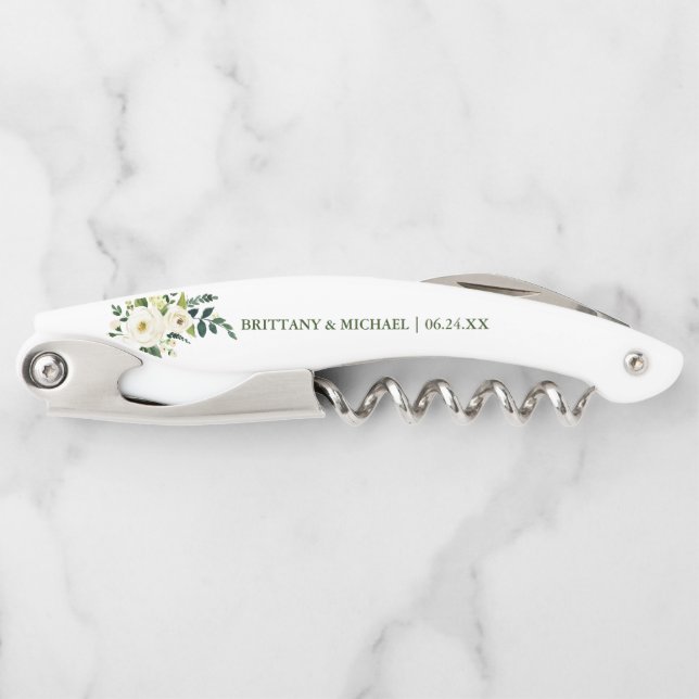 Tire-bouchon Aquarelle Vert Blanc Floral Mariage (Devant)