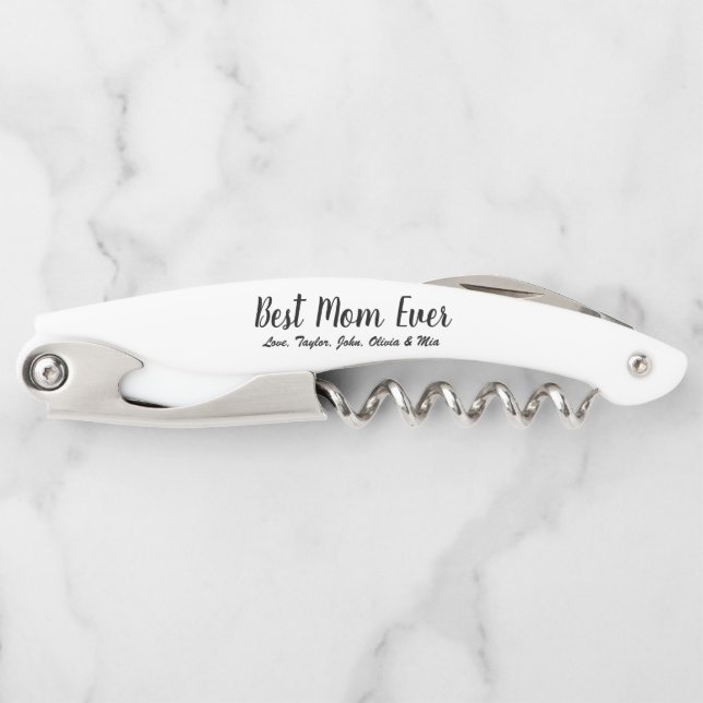 Tire-bouchon Best Mom Ever noir blanc texte personnalisé (Devant)