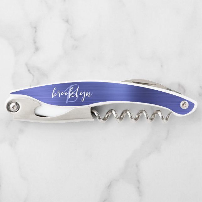 Tire-bouchon Bleu Faux brossé métal Monogramme Script (Devant)