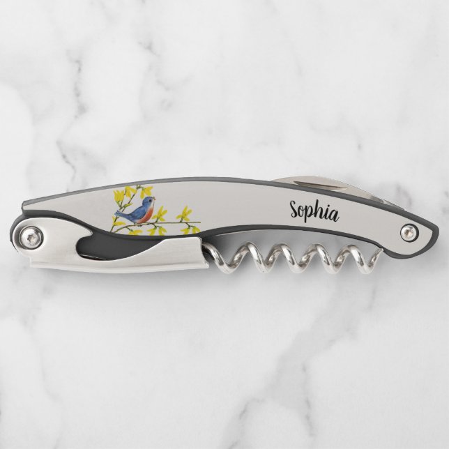 Tire-bouchon Bleu Rouge Chantant Oiseau Branche Fleurs Jaunes (Devant)