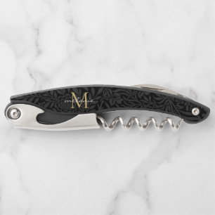 Tire-bouchon Élégant Monogramme Floral Or Noir