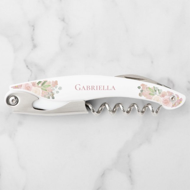 Tire-bouchon Elégante aquarelle Floral rose Boho Nom du Mariage (Devant)